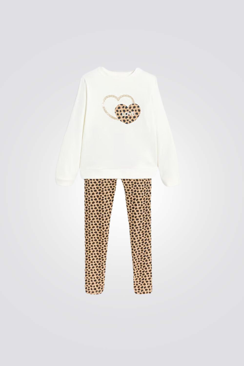 פיג'מה לילדות בצבע לבן ובז' הדפס לבבות