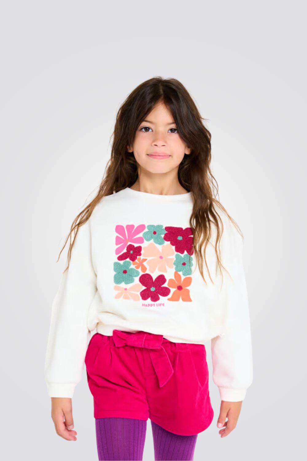 סווטשירט לילדות בצבע לבן עם הדפס פרחים