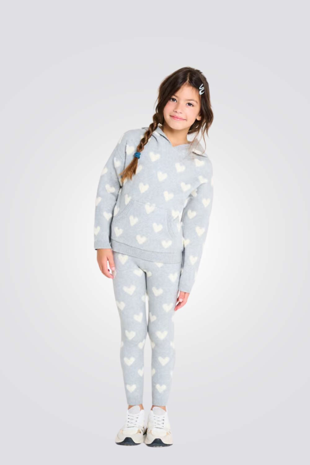 סווטשירט סריג עם קפוצ'ון לילדות בצבע אפור עם לבבות