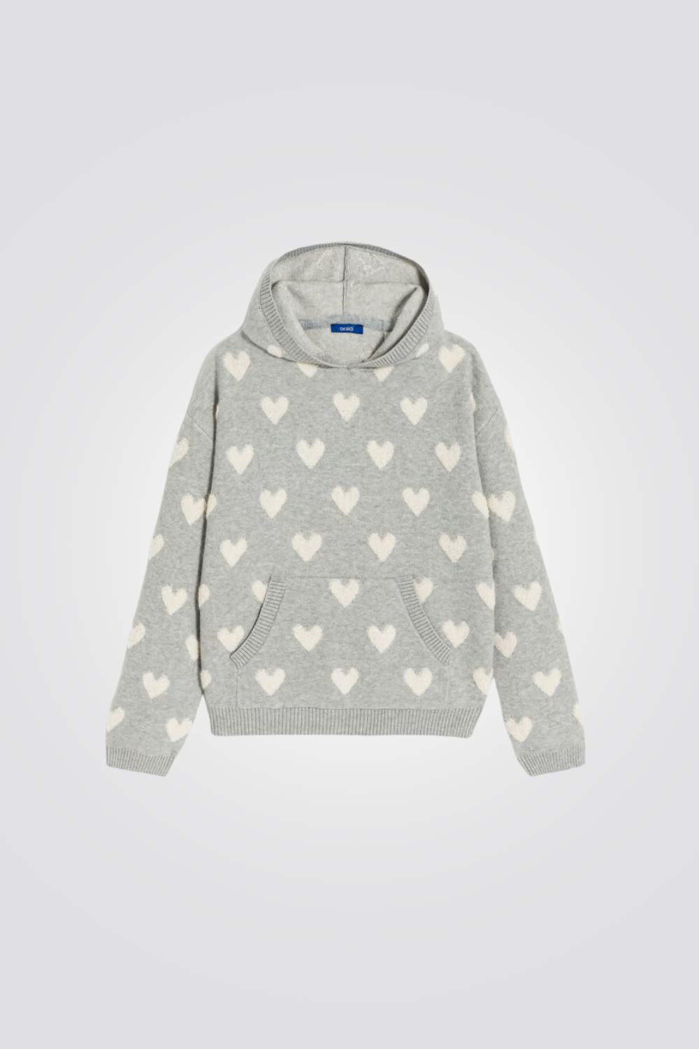 סווטשירט סריג עם קפוצ'ון לילדות בצבע אפור עם לבבות