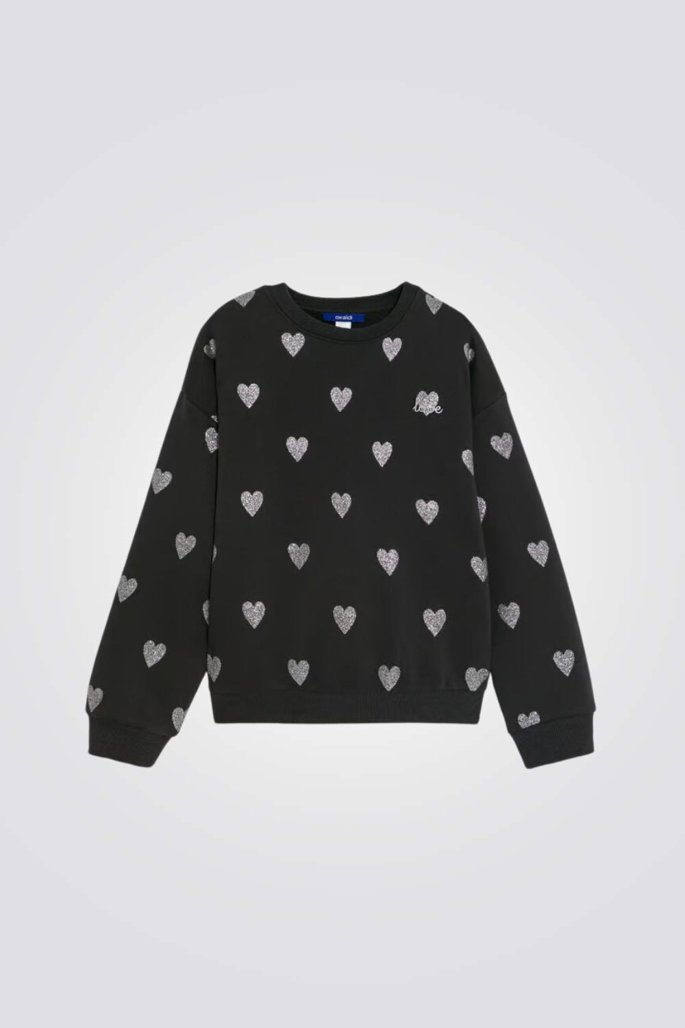 סווטשירט לילדות בצבע שחור עם הדפס לבבות בכסף
