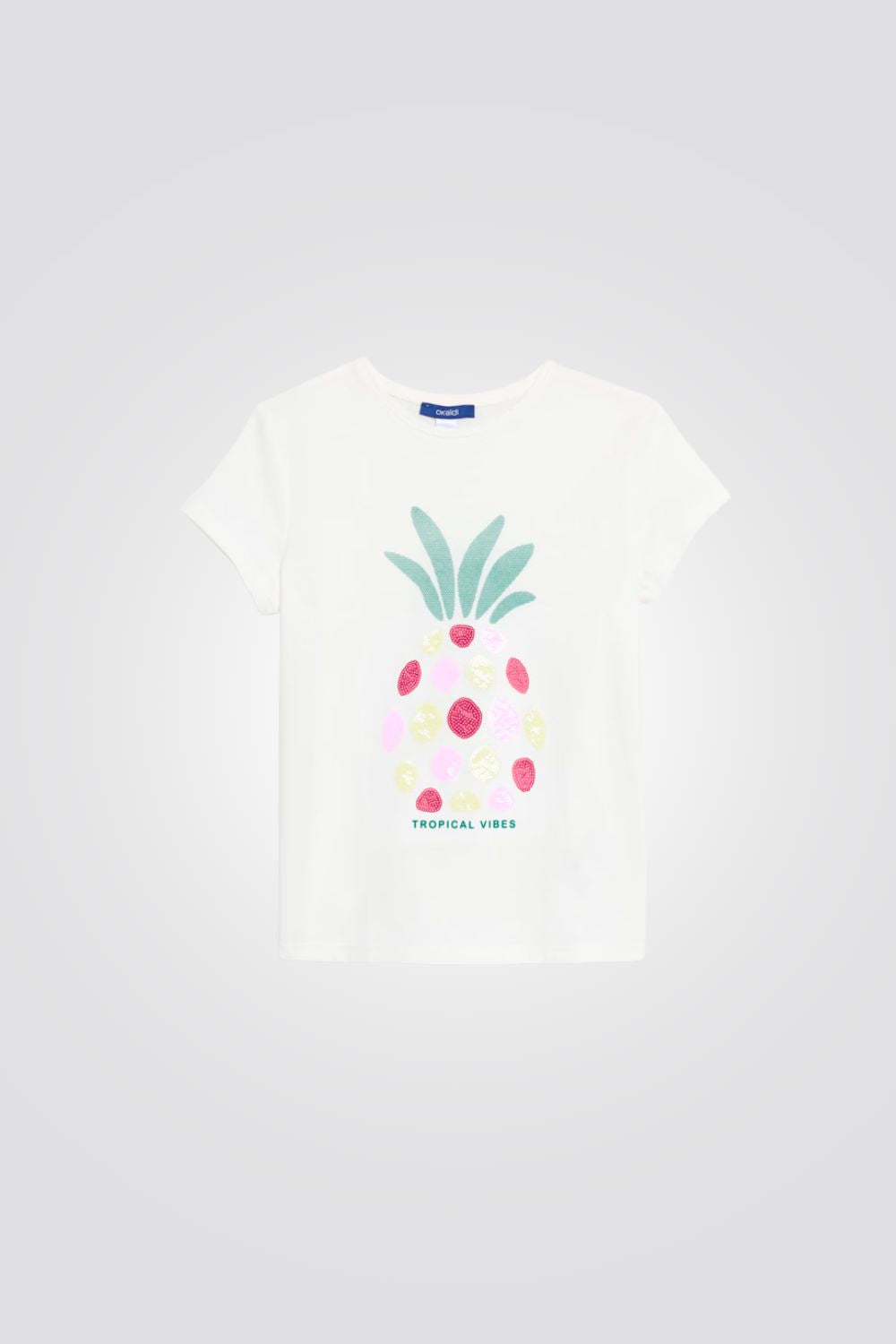 טישירט לילדות בצבע לבן עם הדפס אננס 
