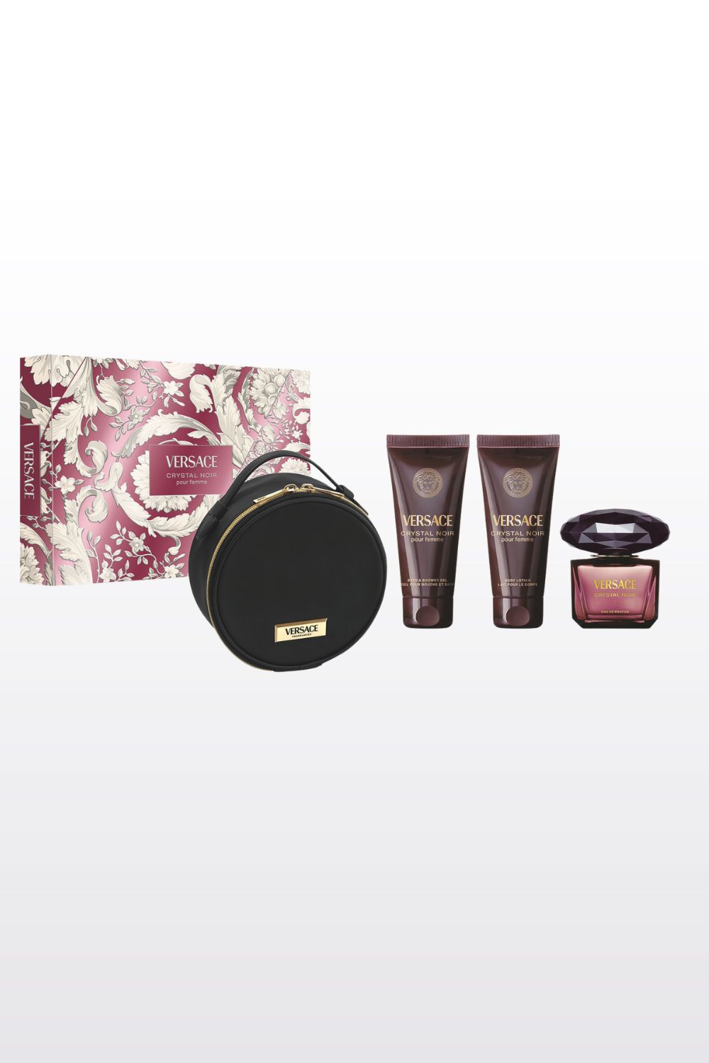 מארז קריסטל נויר לאישה – בושם 90 מ״ל + תחליב גוף 100 מ״ל + ג׳ל רחצה 100 מ״ל + תיק איפור | VERSACE CRYSTAL NOIR E.D.P