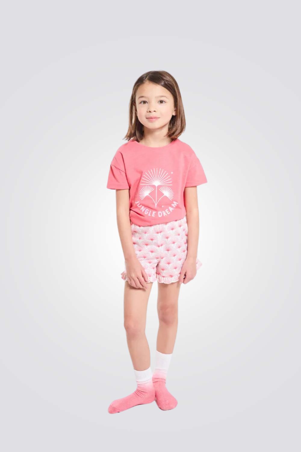 פיג'מה קצרה לילדות בצבע ורוד עם הדפס פרחים