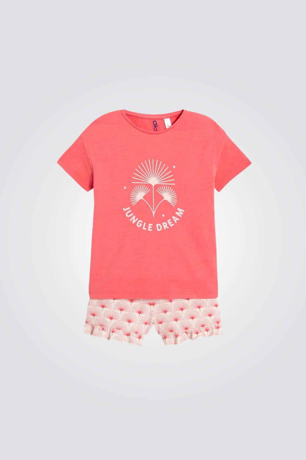 פיג'מה קצרה ילדות בצבע ורוד עם הדפס פרחים