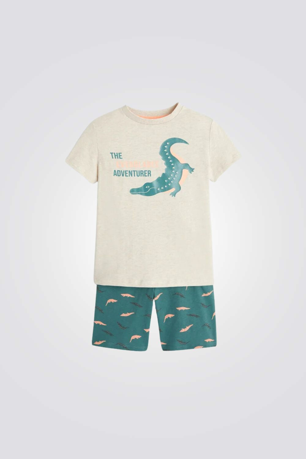 פיג'מה קצרה לילדים בצבע בז' וירוק עם הדפס תנין 