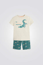 פיג'מה קצרה לילדים בצבע בז' וירוק עם הדפס תנין 