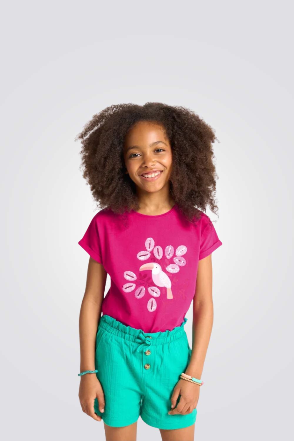 טישירט לילדות בצבע ורוד עם הדפס ציפור 