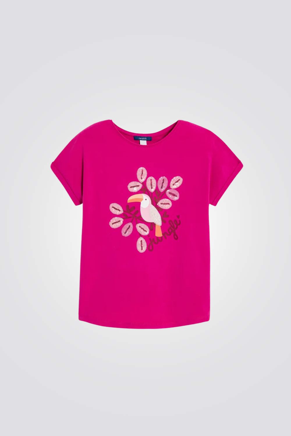 טישירט ילדות בצבע ורוד עם הדפס ציפור 
