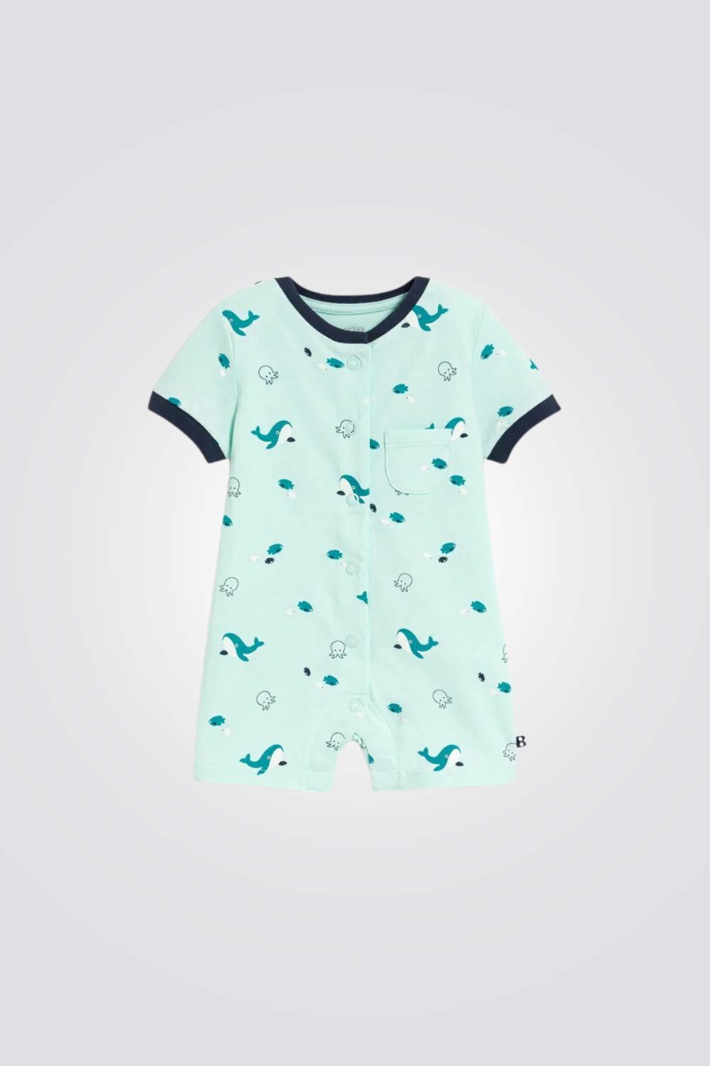 אוברול פיג'מה קצר לתינוקות בצבע תכלת עם הדפס חיות ים