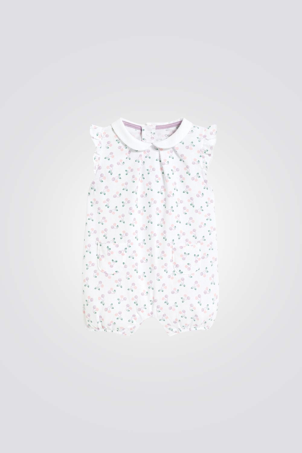 אוברול פיג'מה קצר לתינוקות בצבע לבן עם הדפס דובדבנים