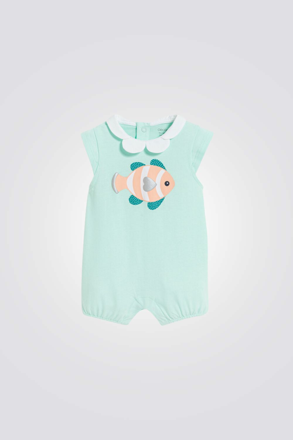 אוברול פיג'מה קצר לתינוקות בצבע תכלת עם הדפס דג 