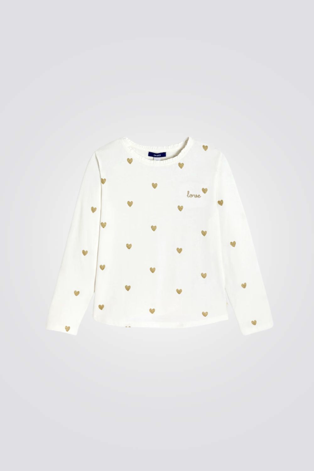 חולצת טריקו ארוכה לילדות עם הדפס לבבות | אוקיידי