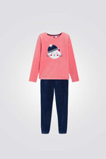 פיג'מה קטיפה לילדות בצבע ורוד עם הדפס חתול | אוקיידי 