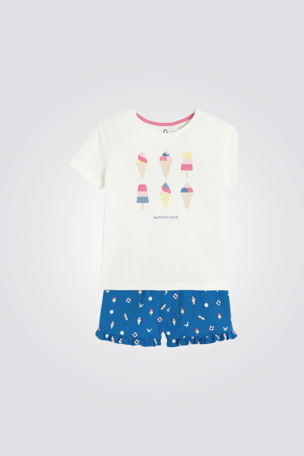 פיג'מה לילדות בצבע כחול ולבן הדפס קיצי 