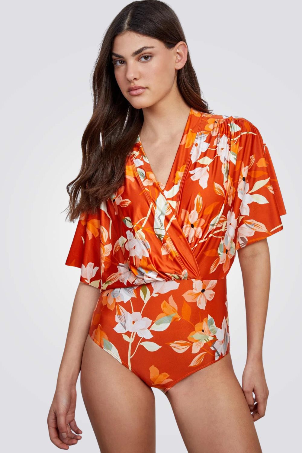 בגד ים שלם מעטפת פרחונית לנשים בצבע כתום