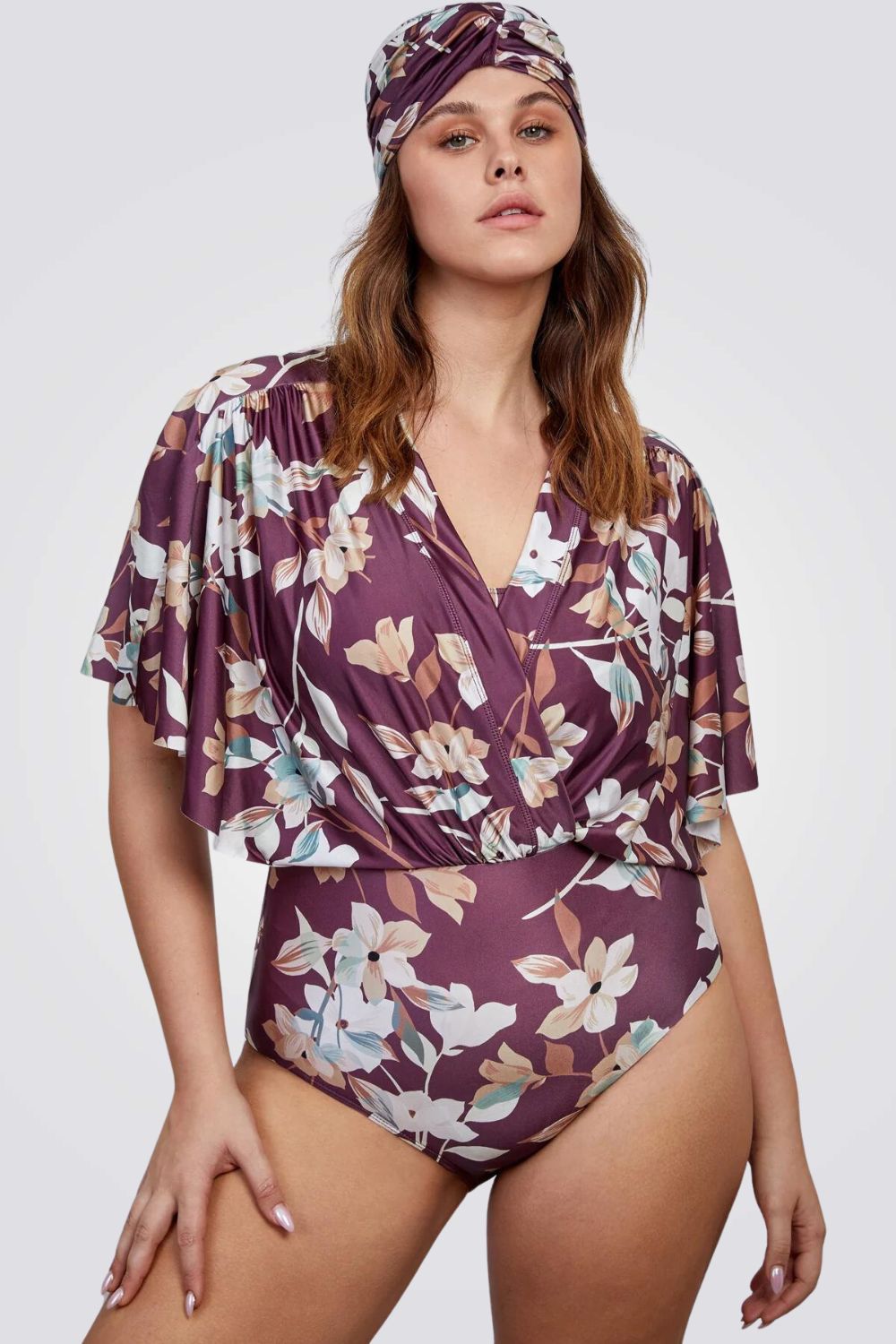 בגד ים שלם מעטפת פרחונית לנשים בצבע סגול