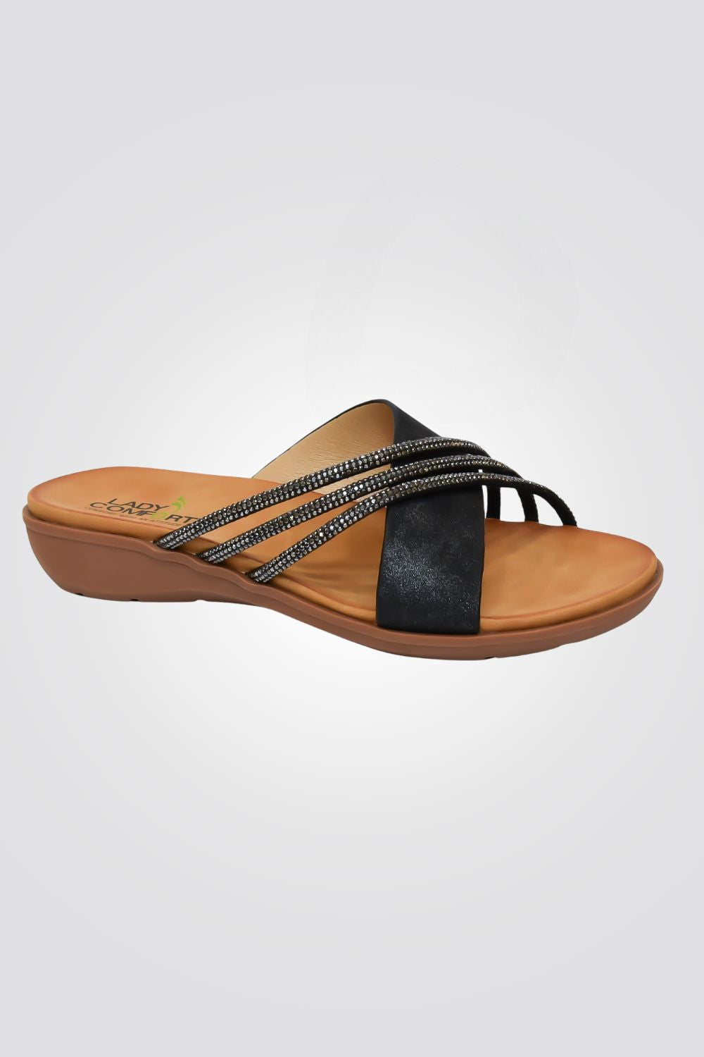 כפכפי נוחות לנשים עם רצועות ועיתורי אבנים בצבע שחור