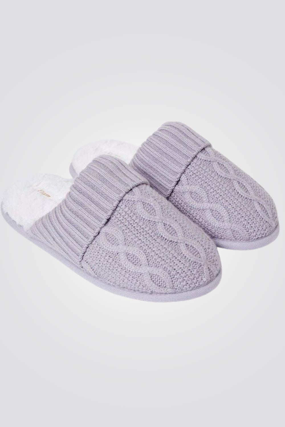 נעלי בית סרוגות בריפוד פרווה MERCY אפור בהיר