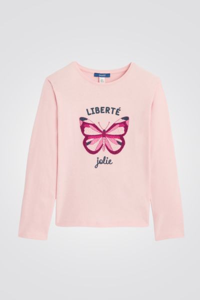טישירט ילדות שרוול ארוך בורוד עם ריקמת פרפר ורוד