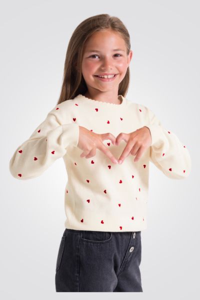 סוודר ילדות בשמנת עם לבבות אדומים
