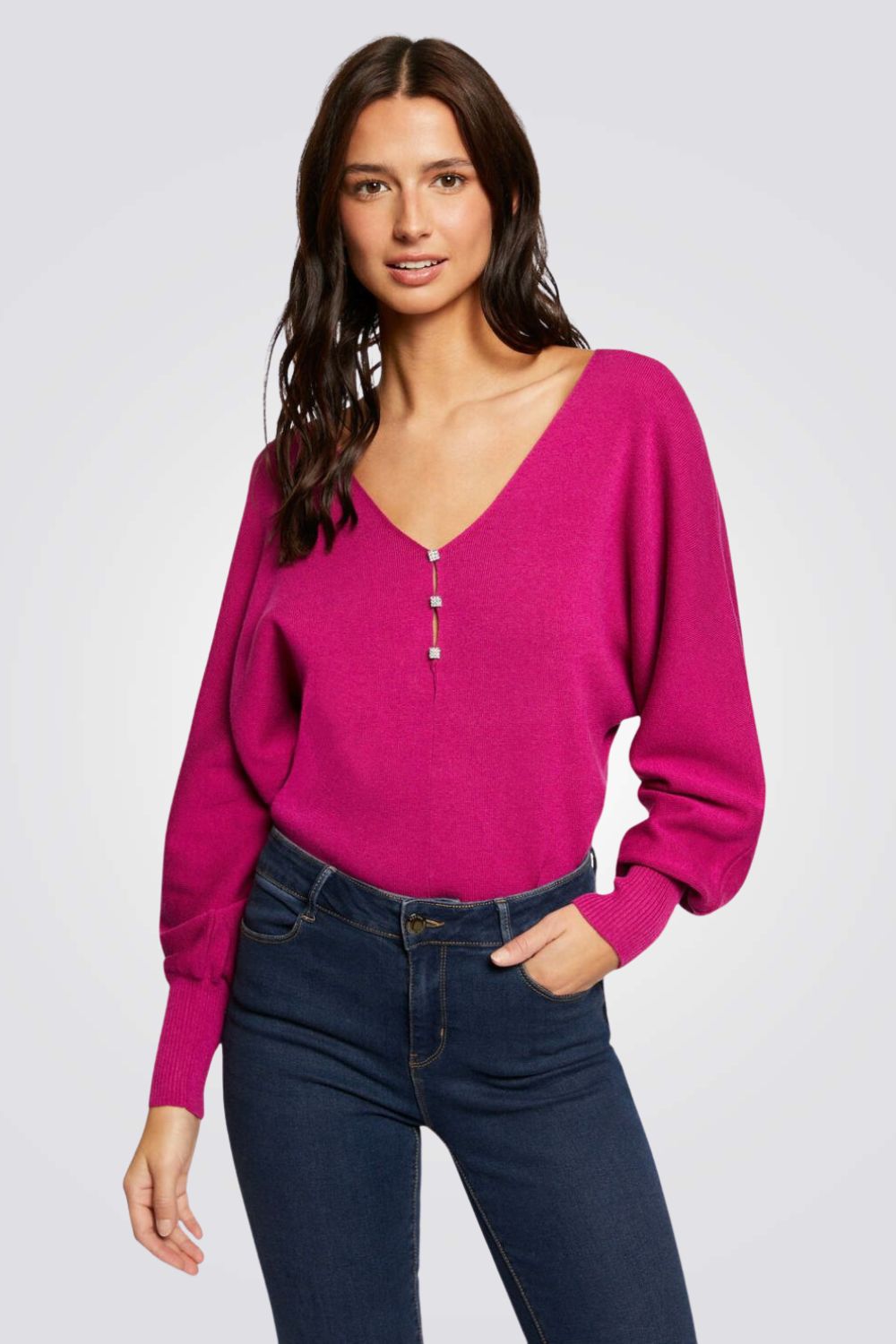 סריג נשים וי שרוול תפוח בורוד פוקסיה