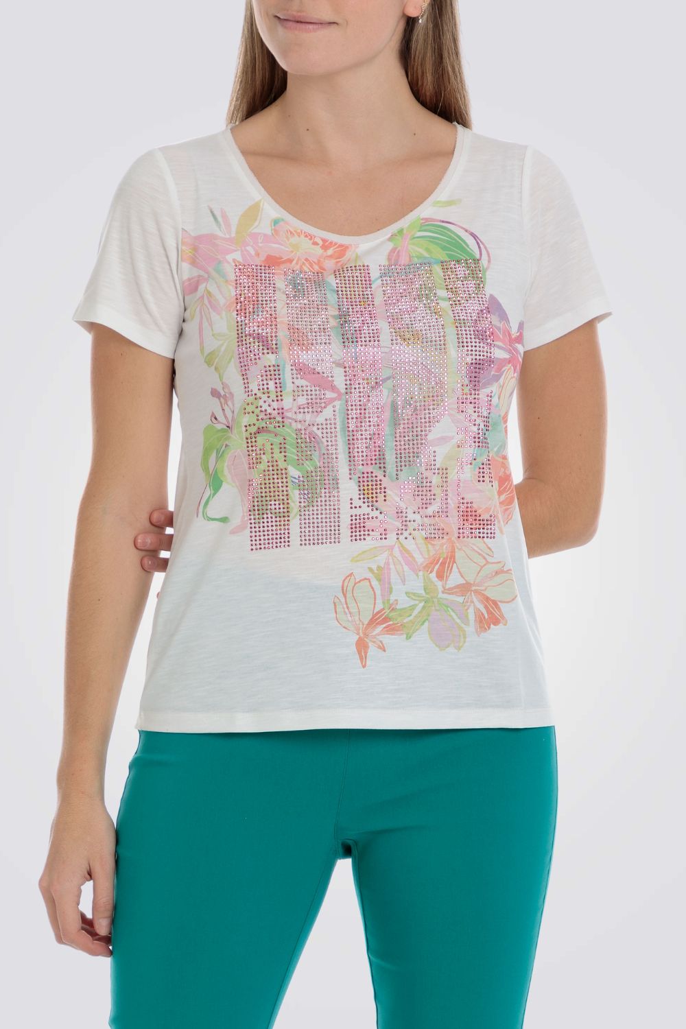 טישירט עם הדפס ואבני חן בצבע לבן