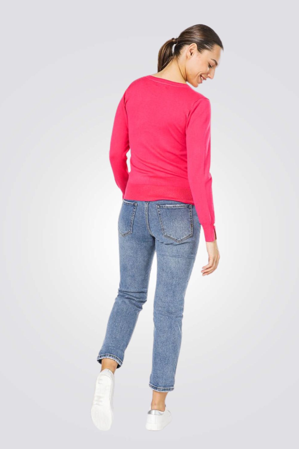  סריג קלאסי עם מפתח וי לנשים בצבע ורוד | קנת קול