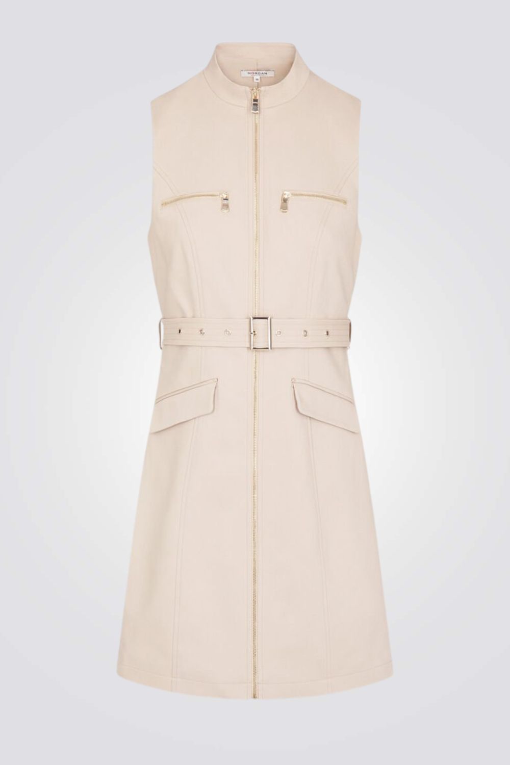 שמלה מיני עם חגורה בצבע בז'