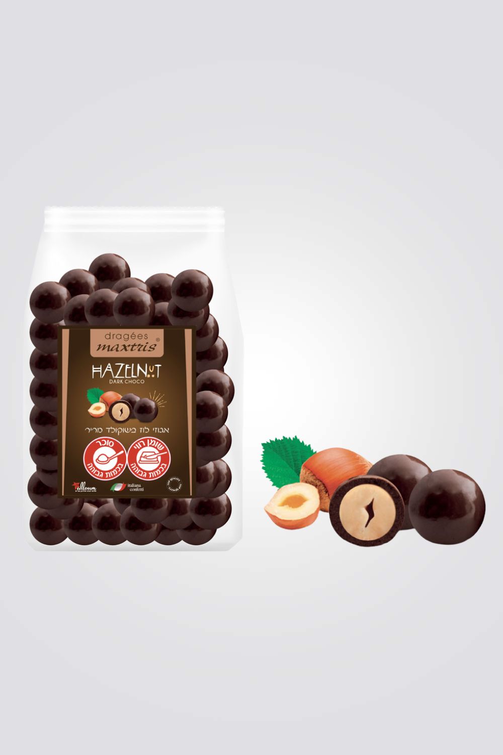 שוקולד מריר ממולא קרם, שברי אגוזי לוז ואגוז לוז שלם.