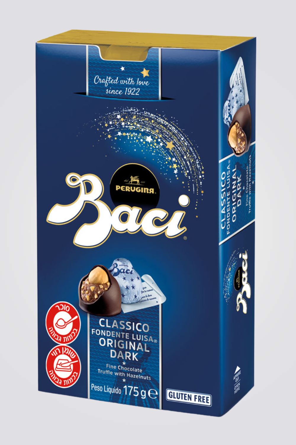 שוקולד מריר ממולא קרם ושברי אגוזי לוז ואגוז לוז שלם.