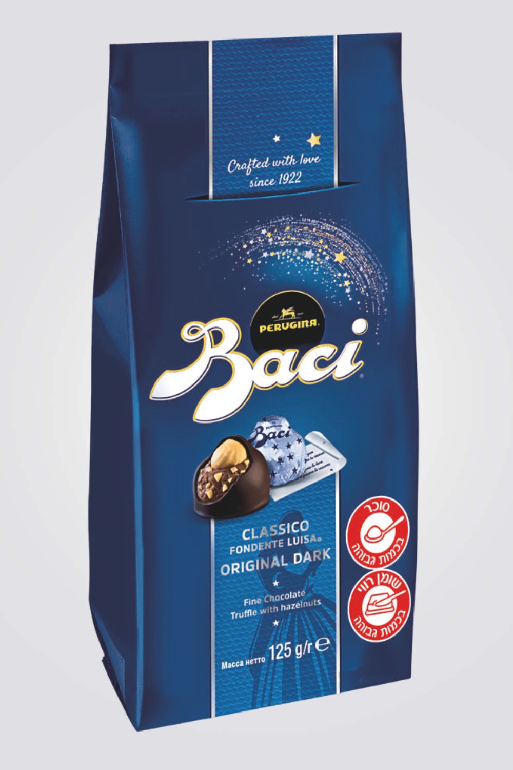 שוקולד מריר, ממולא קרם ושברי אגוזי לוז ואגוז לוז שלם.