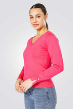  סריג קלאסי עם מפתח וי לנשים בצבע ורוד | קנת קול