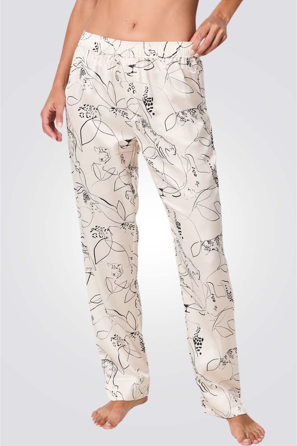 מכנסי פיג'מה מבד סאטן MAIME  בצבע בז'