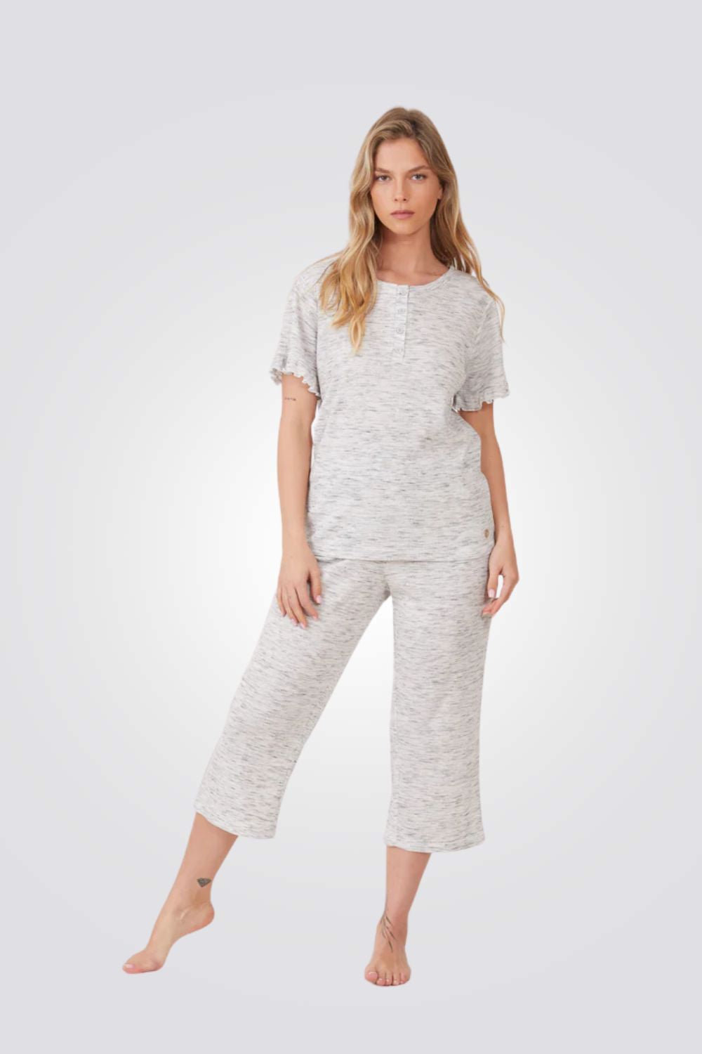 פיג'מת וואפל עם מכנסיים 7/8 אפור מלאנז'