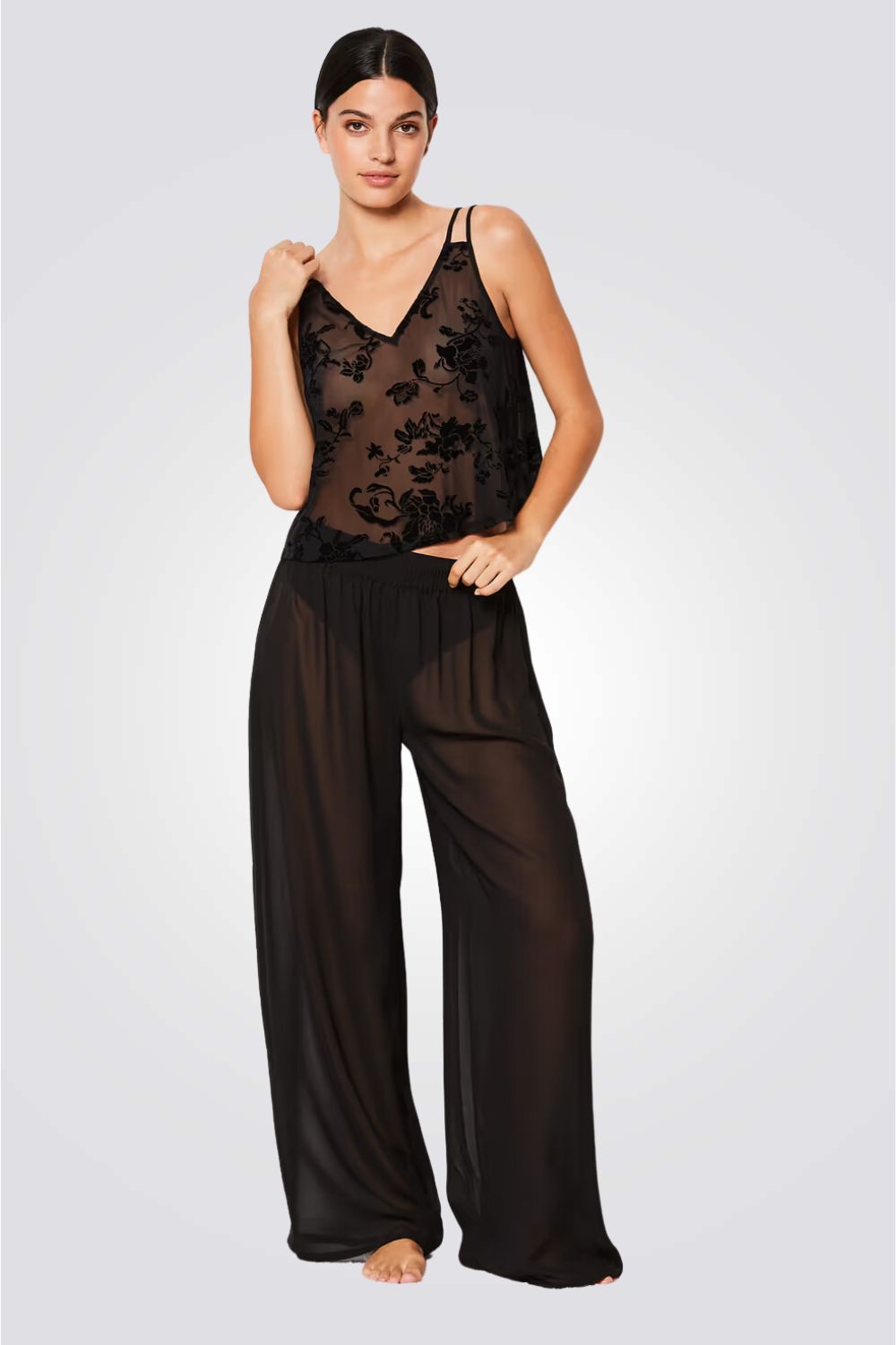 מכנסי פיג'מה ארוכים SECRET  חצי שקופים בצבע שחור