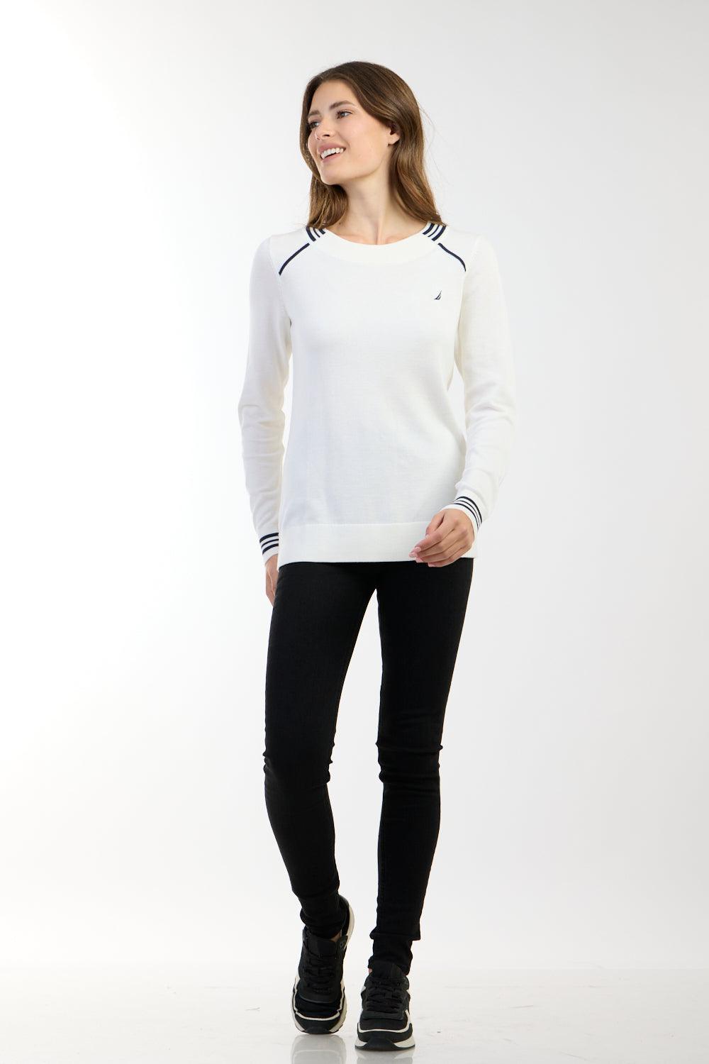 סריג צווארון עגול עם לוגו רקמה בצבע לבן - MASHBIR//365