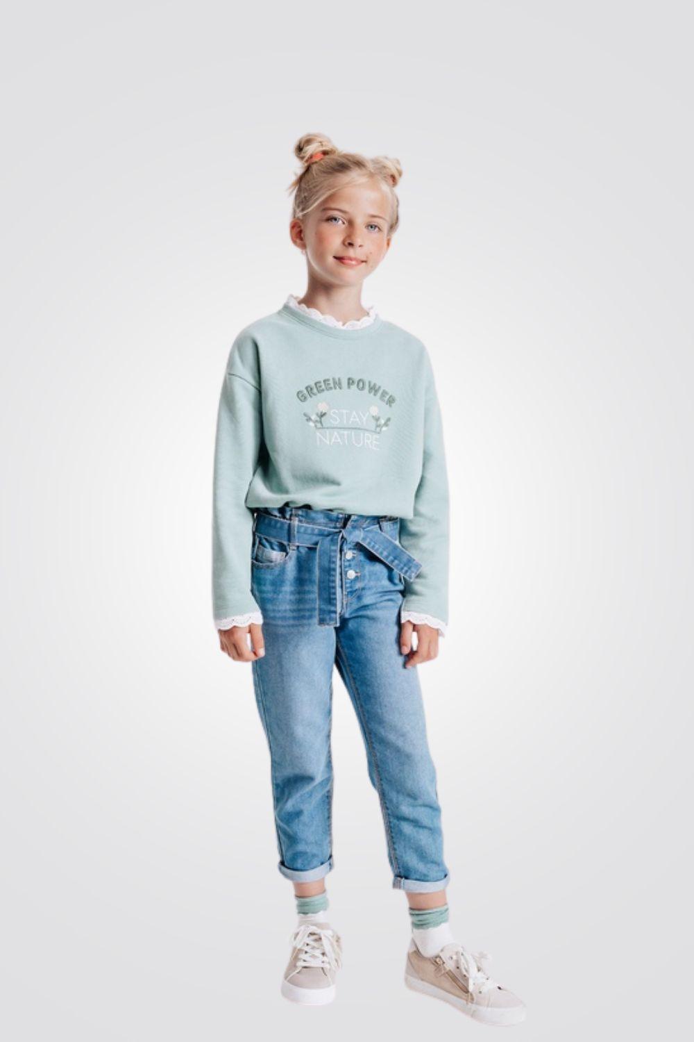 סווטשירט עם צווארון מלמלה בצבע ירוק לילדות - MASHBIR//365