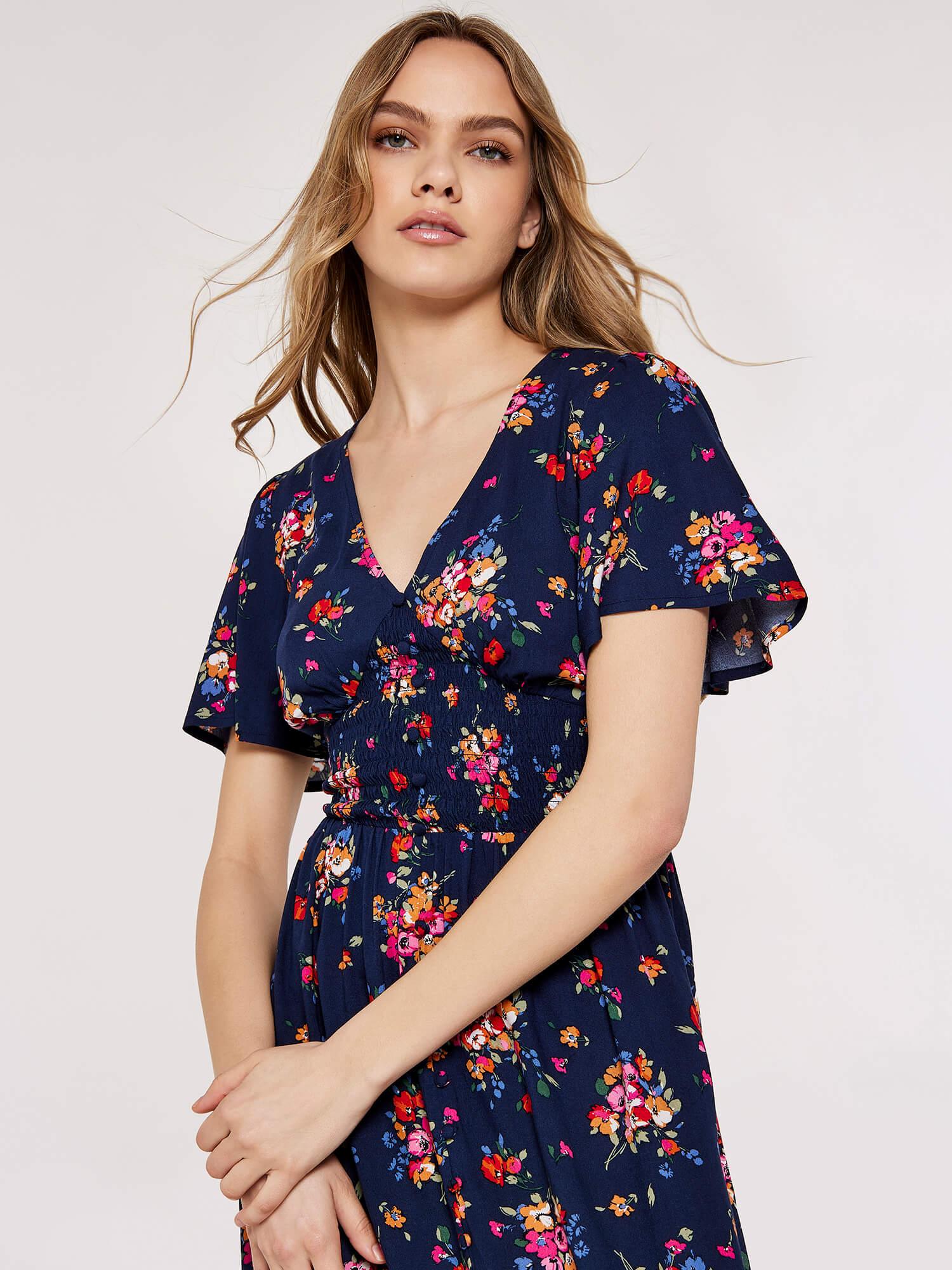 שמלה פרחונית נייבי בשילוב צבעים - MASHBIR//365