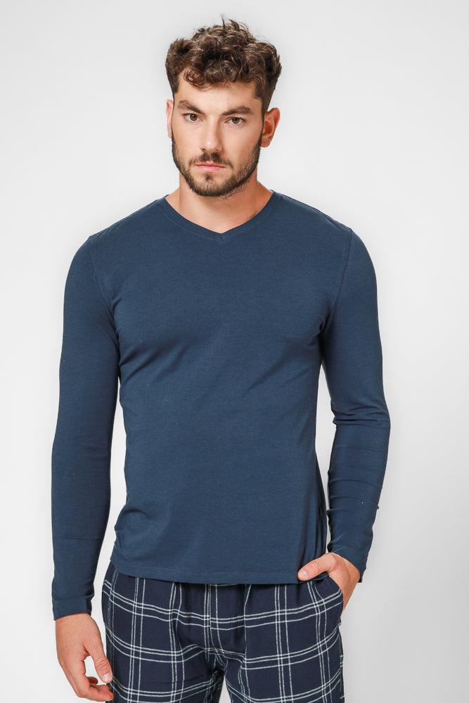 חולצה ארוכה צווארון וי SLIM בצבע נייבי - MASHBIR//365