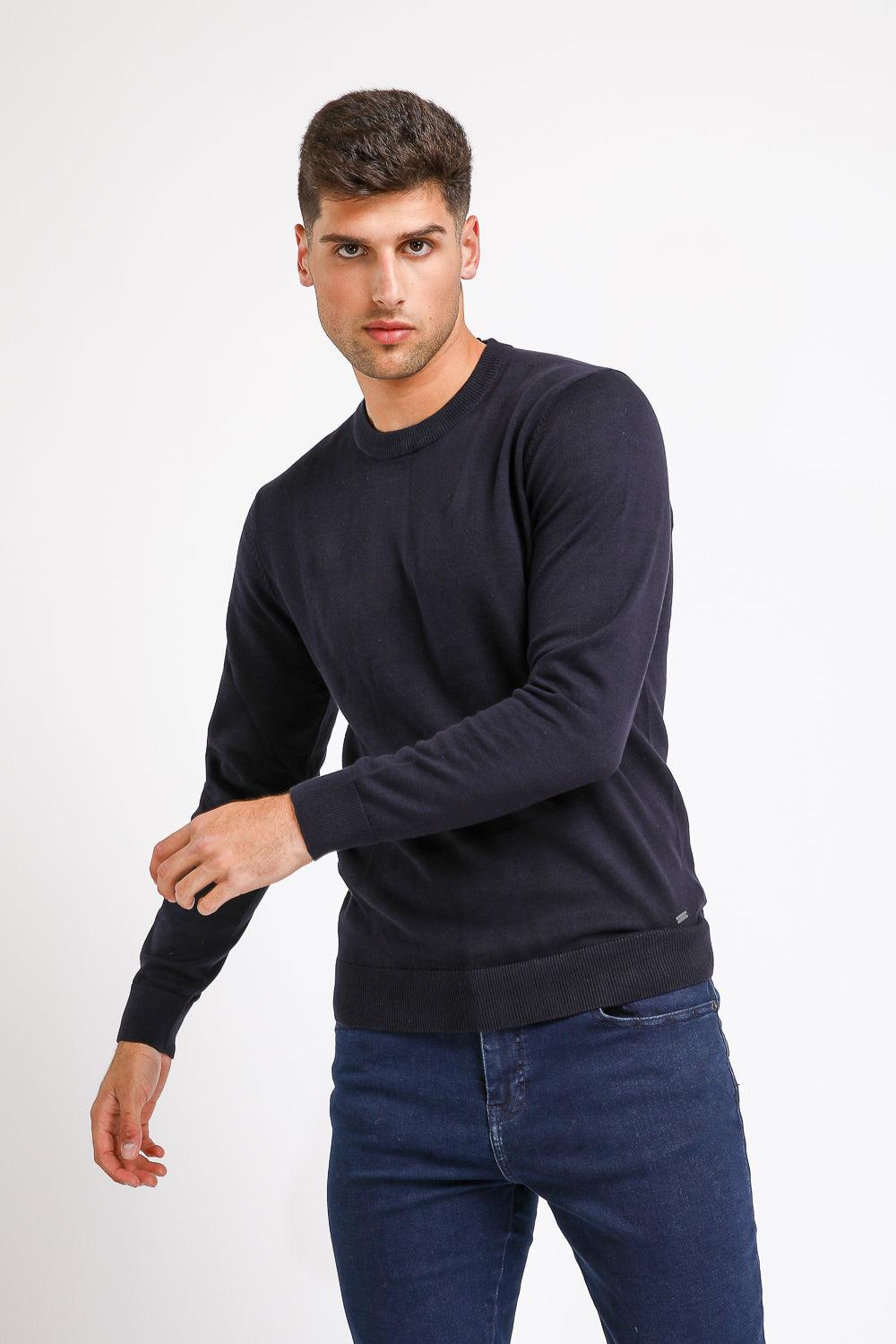 סריג כותנה בייסיק עם צווארון עגול בצבע נייבי - MASHBIR//365