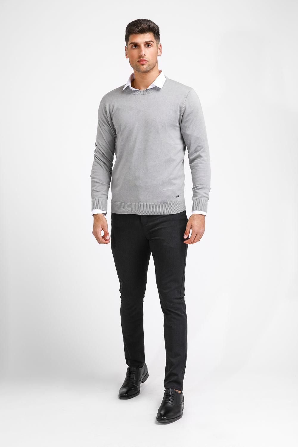 סריג כותנה בייסיק עם צווארון עגול בצבע אפור - MASHBIR//365