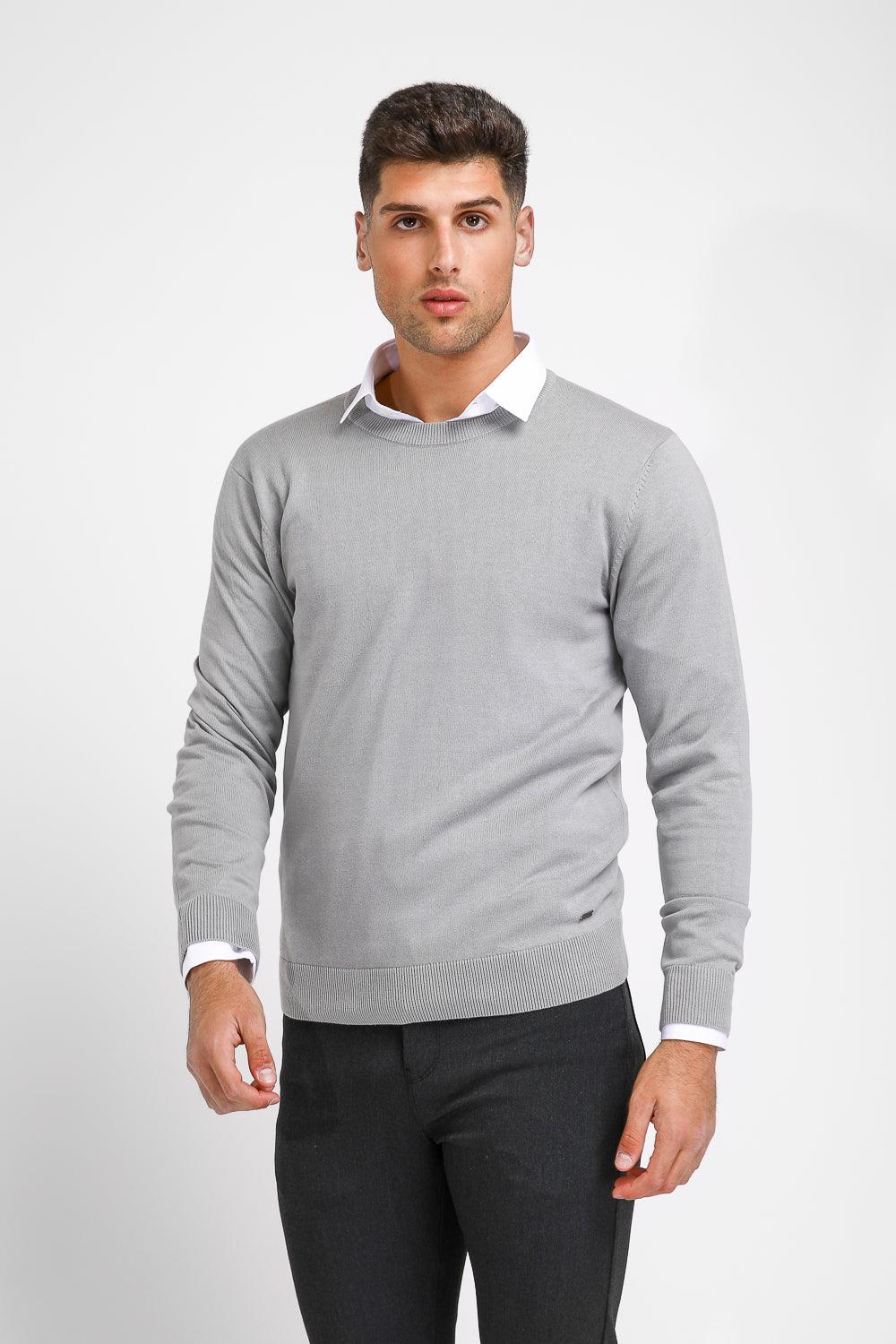 סריג כותנה בייסיק עם צווארון עגול בצבע אפור - MASHBIR//365