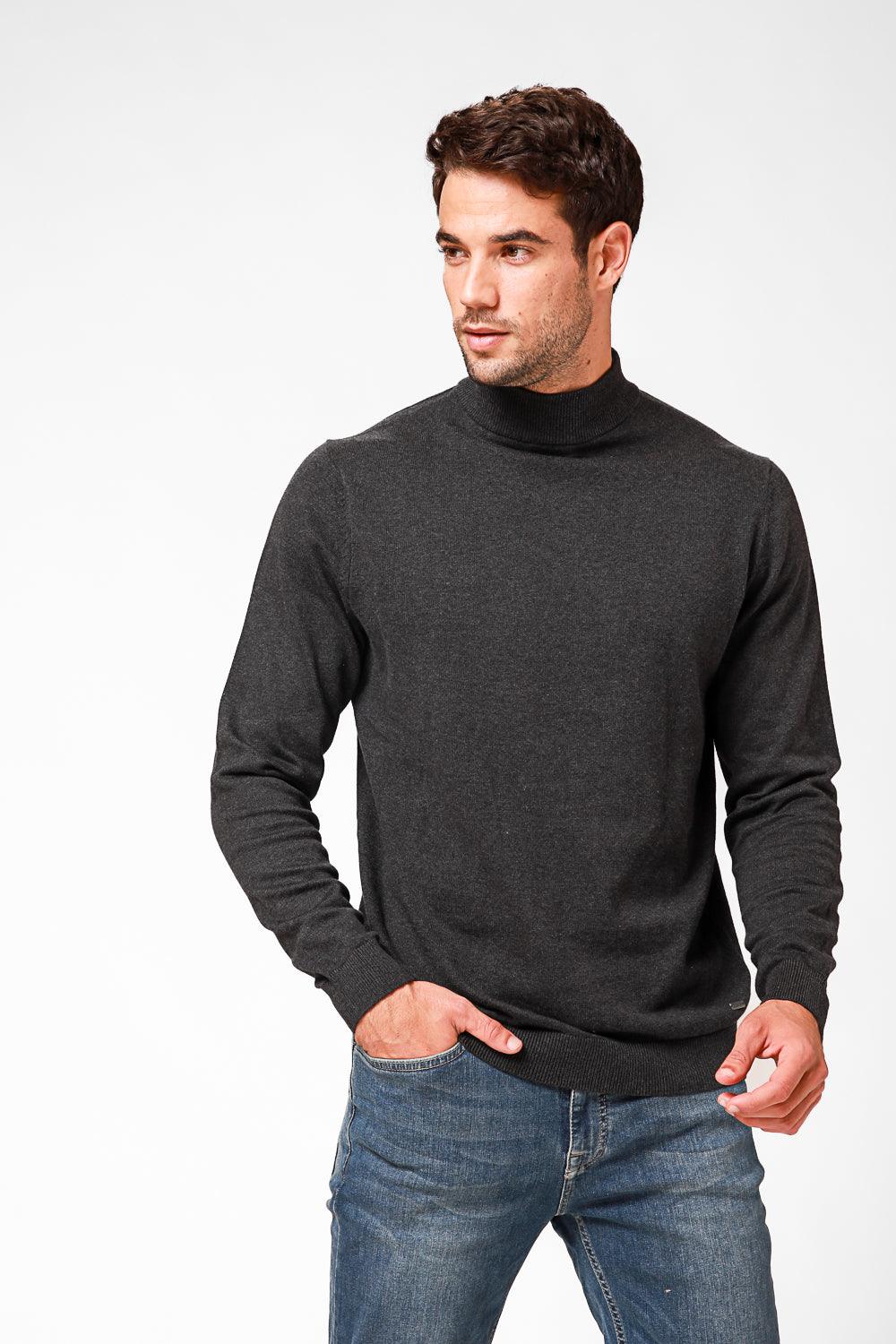 סריג כותנה בייסיק עם צווארון גולף קצר בצבע פחם - MASHBIR//365