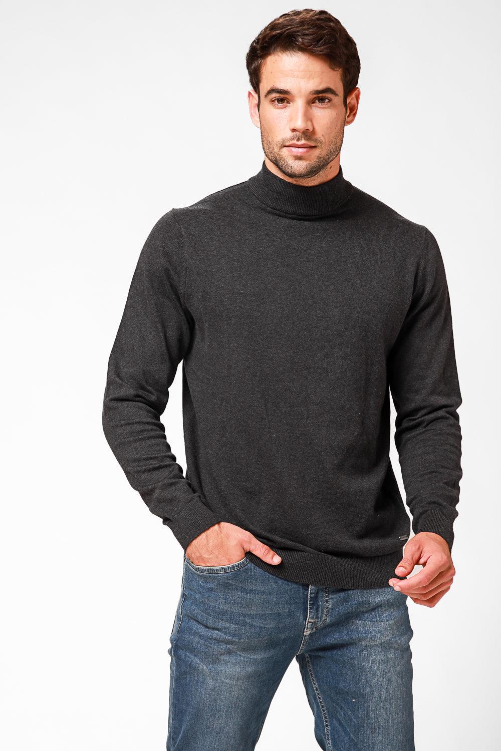 סריג כותנה בייסיק עם צווארון גולף קצר בצבע פחם - MASHBIR//365