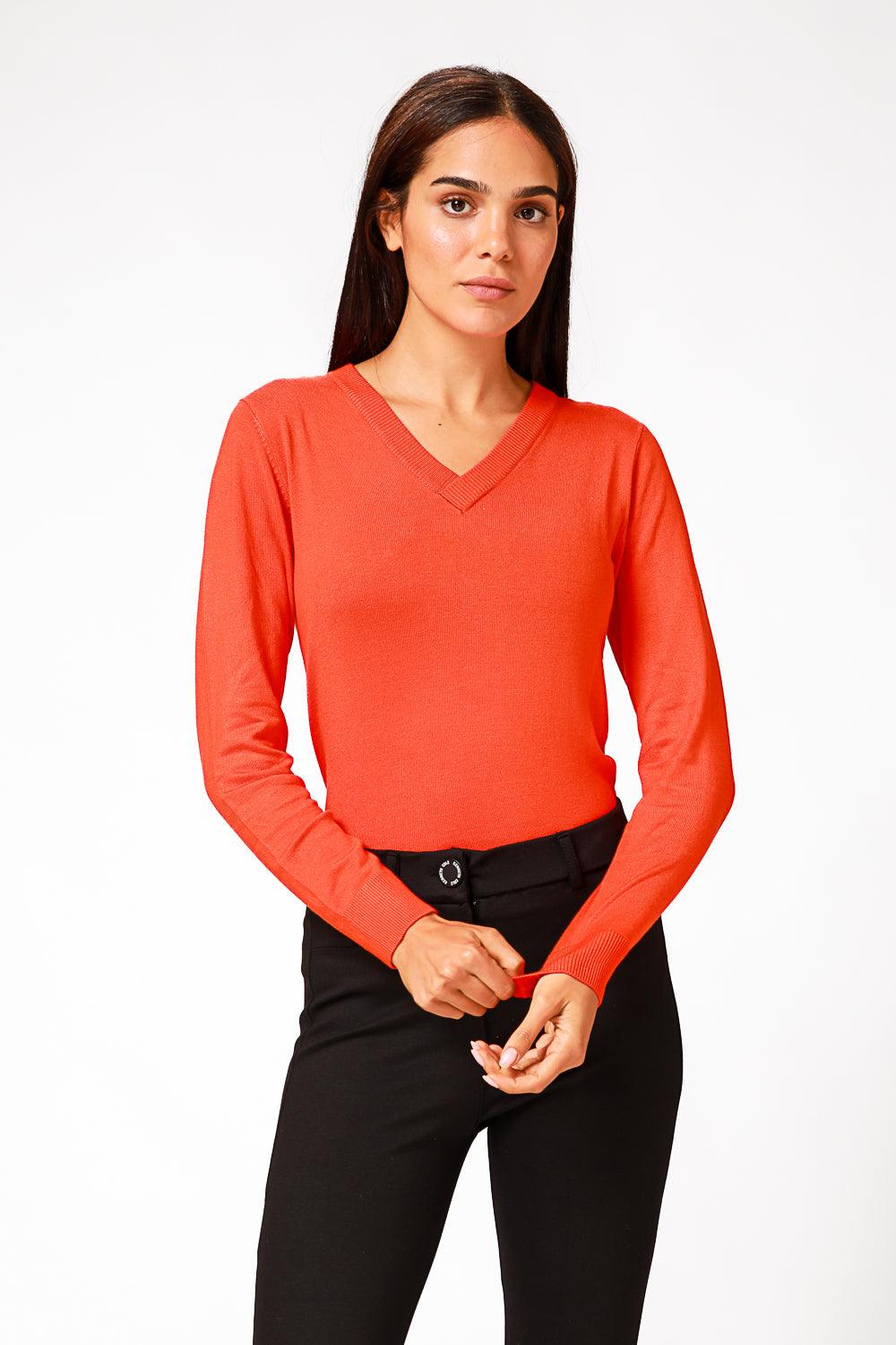 סריג מחשוף וי עם שרוולים ארוכים בצבע כתום - MASHBIR//365