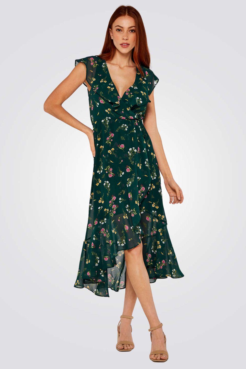 שמלה פרחונית מסולסלת בצבע ירוק - MASHBIR//365