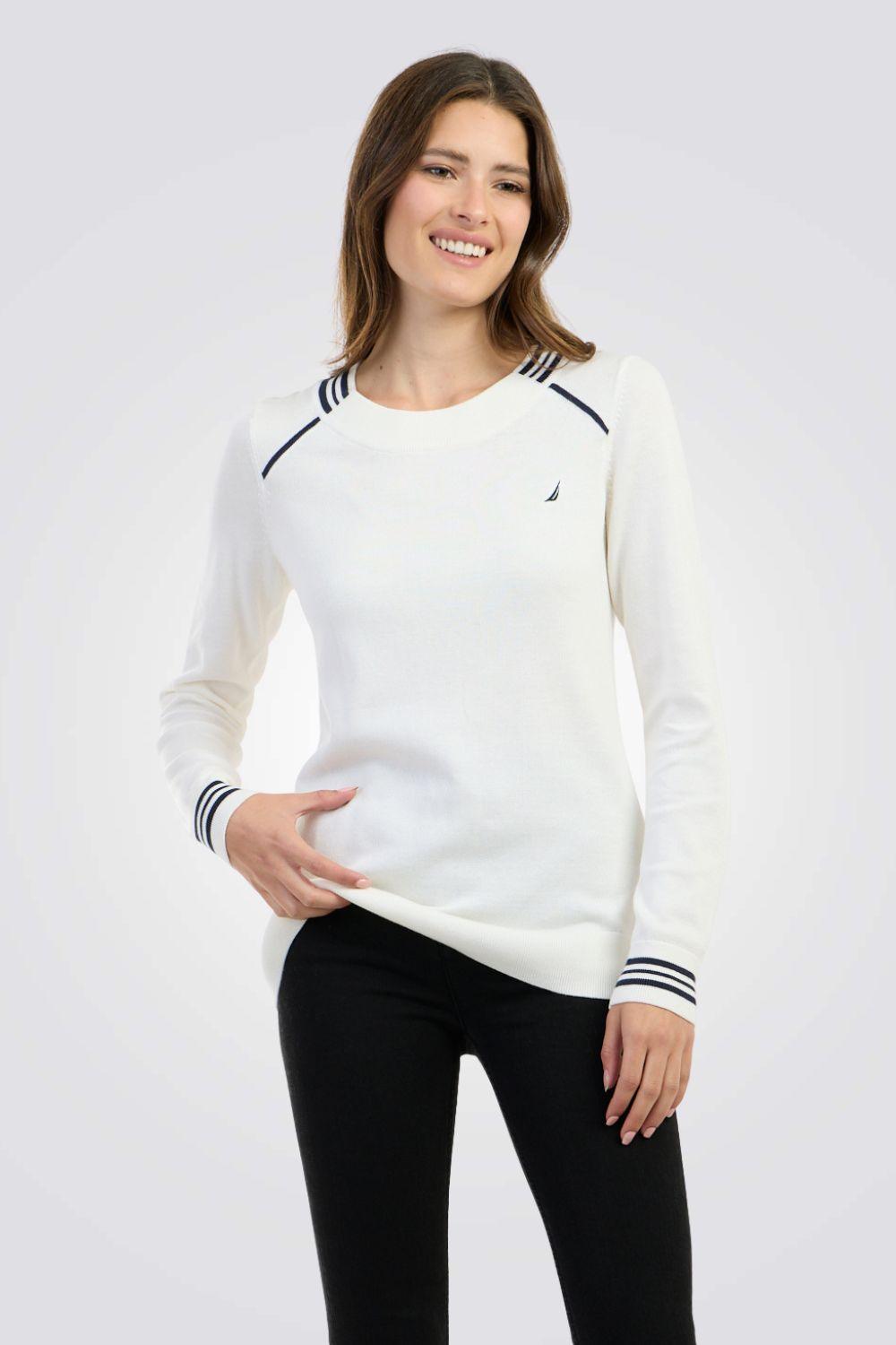 סריג צווארון עגול עם לוגו רקמה בצבע לבן - MASHBIR//365