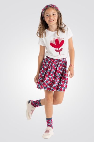 OKAIDI - חצאית ילדות פליסה גומי במותן הדפס פרחים אדום כחול - MASHBIR//365