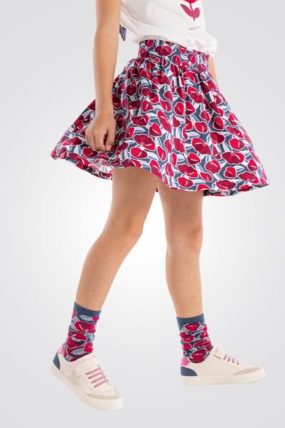 OKAIDI - חצאית ילדות פליסה גומי במותן הדפס פרחים אדום כחול - MASHBIR//365